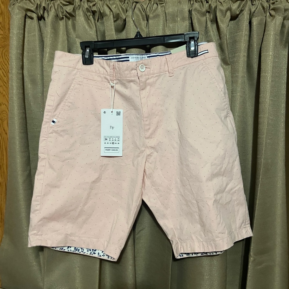 pink denim shorts with blue dots